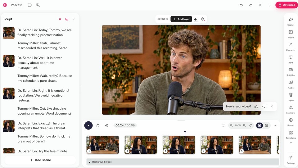 Fliki podcast editor with the host-labeled script, the talking-head scene, and the scene timeline