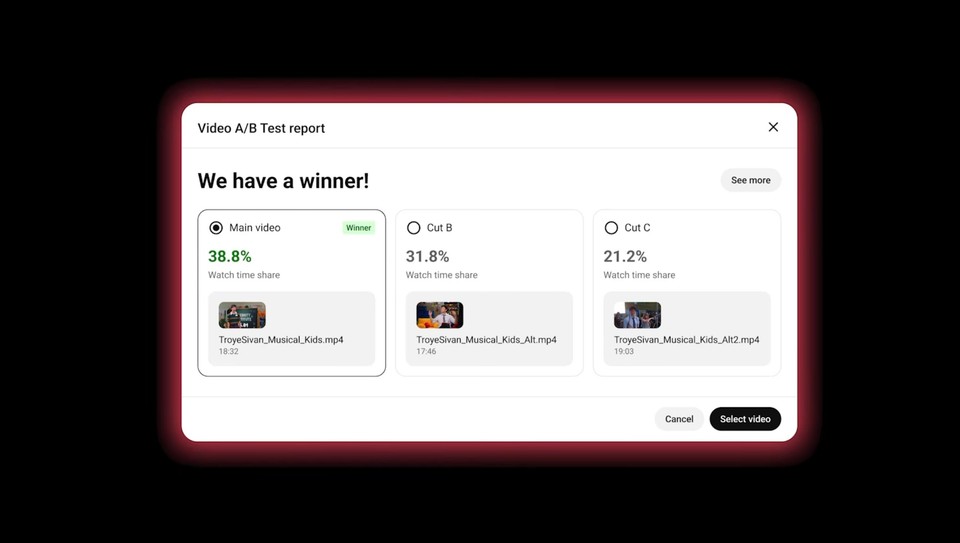 YouTube A/B testing clips