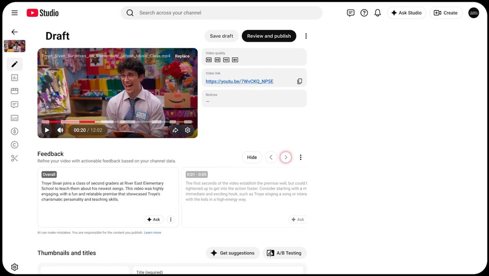 YouTube Ask Studio and feedback
