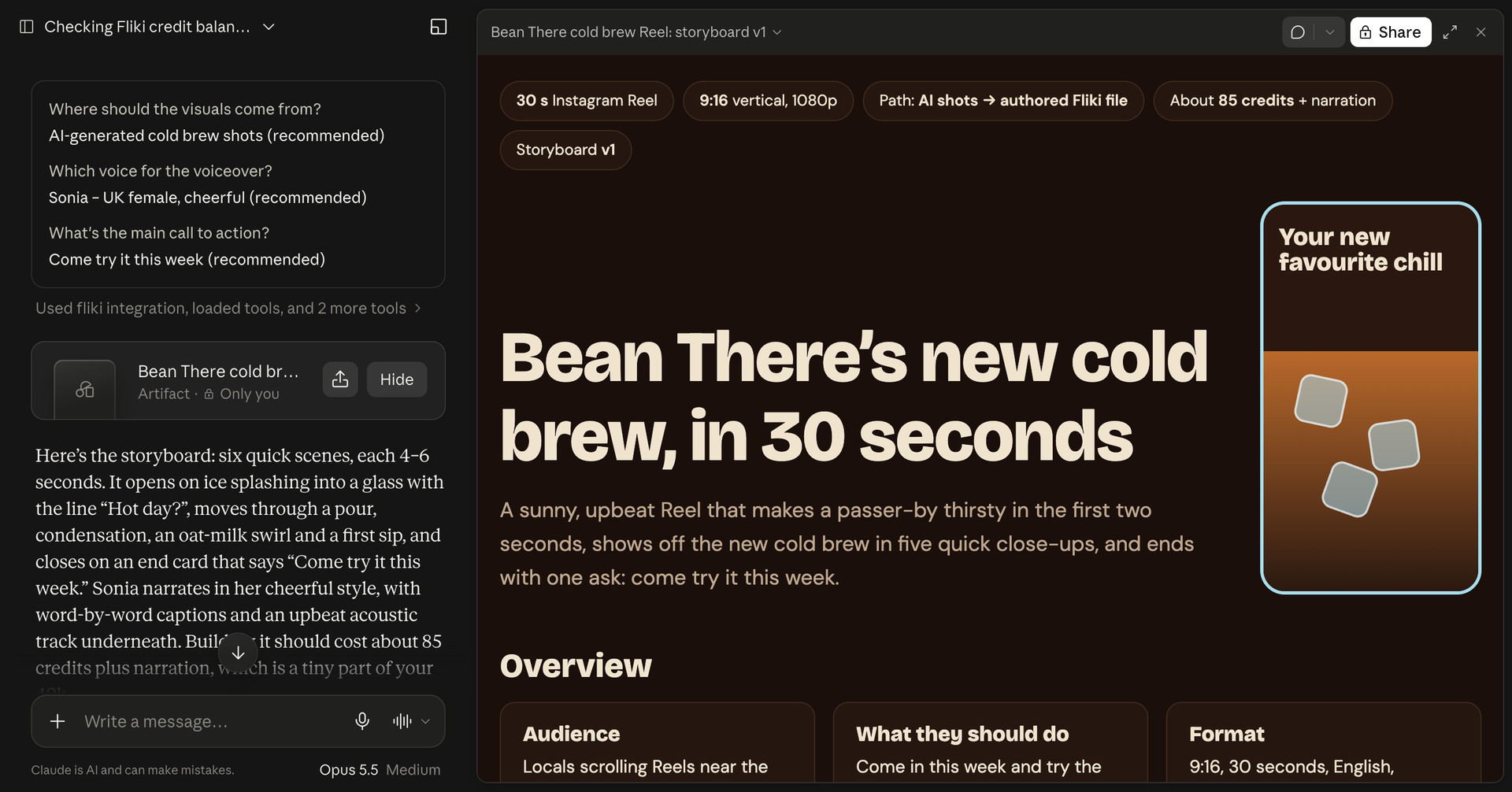 Storyboard opened next to the chat, showing format, cost estimate and overview