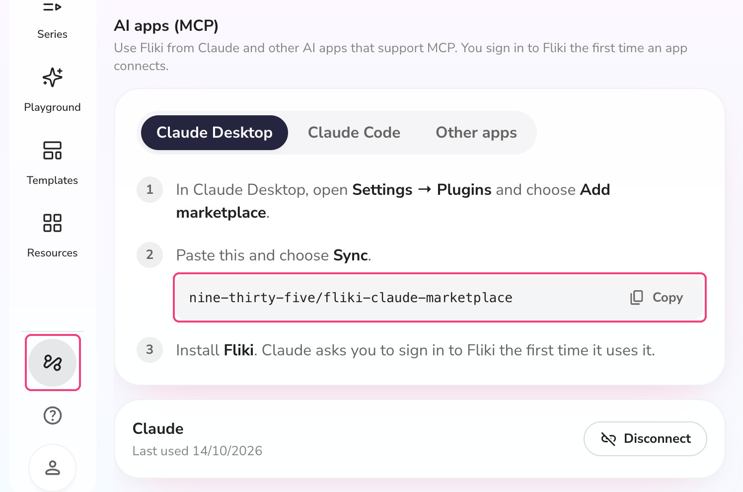 Fliki Automation page showing the AI apps (MCP) setup steps for Claude Desktop