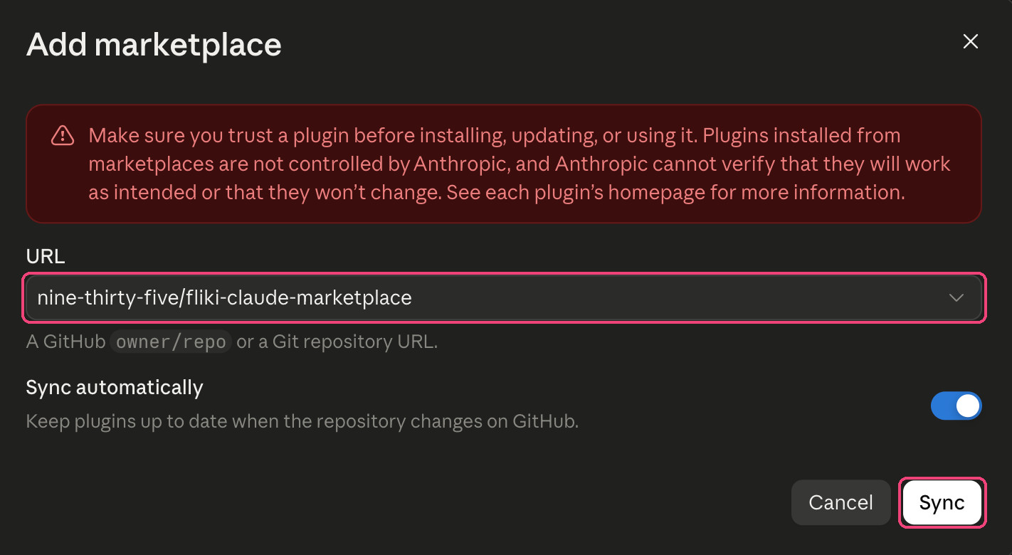 Add marketplace dialog in Claude Desktop with the Fliki marketplace address entered