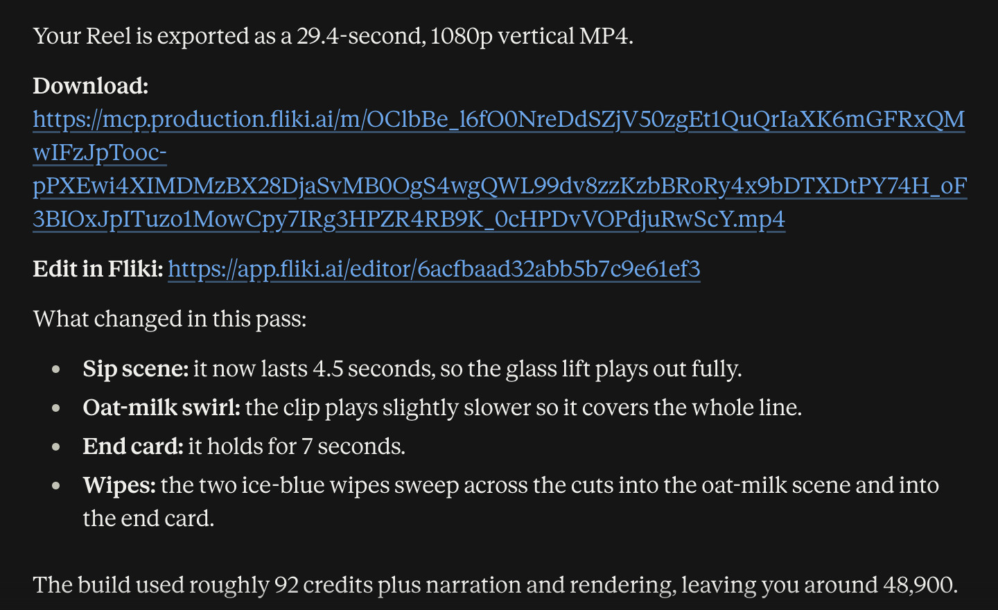 Claude's message with the download link and Edit in Fliki link for the finished Reel