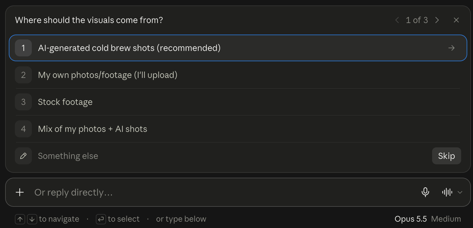 Claude asking where the visuals should come from, with four options