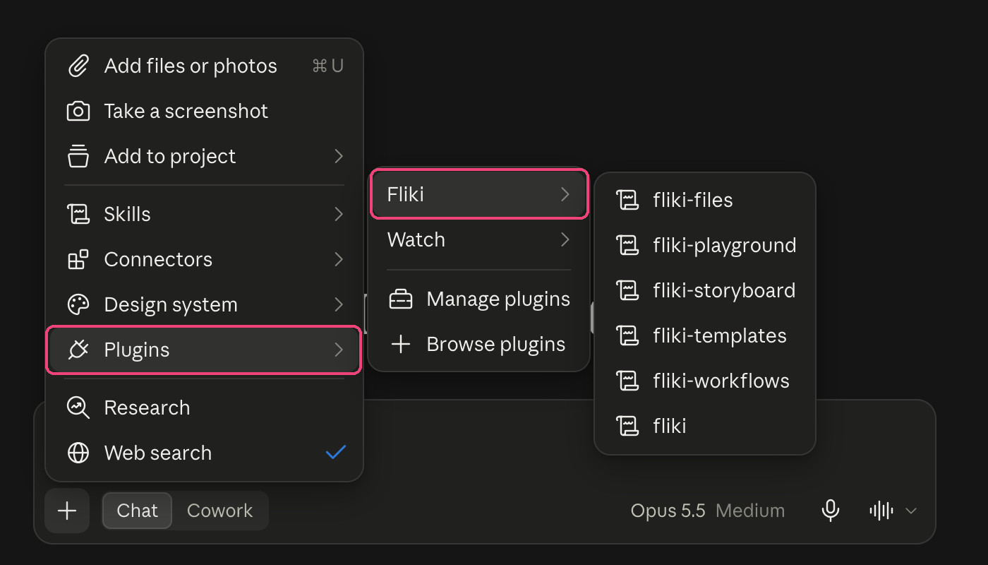 Claude message box menu showing Plugins, Fliki and the list of Fliki skills