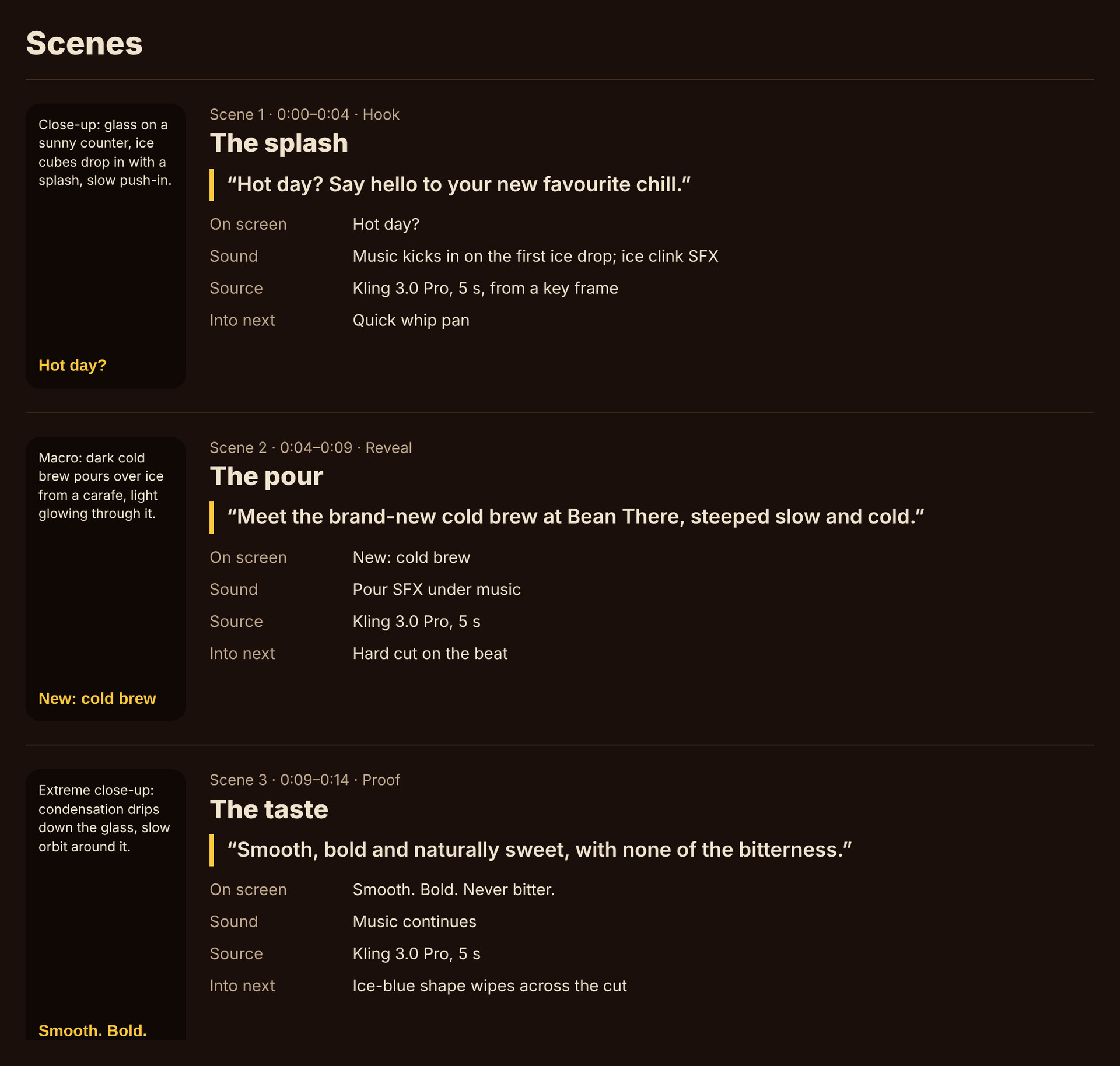 Storyboard scene cards with timing, narration, on-screen text and AI model