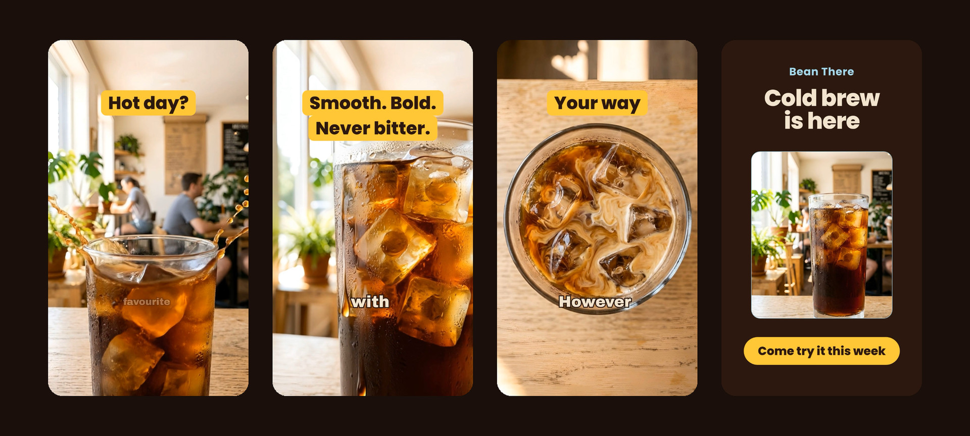 Four frames from the finished cold brew Reel