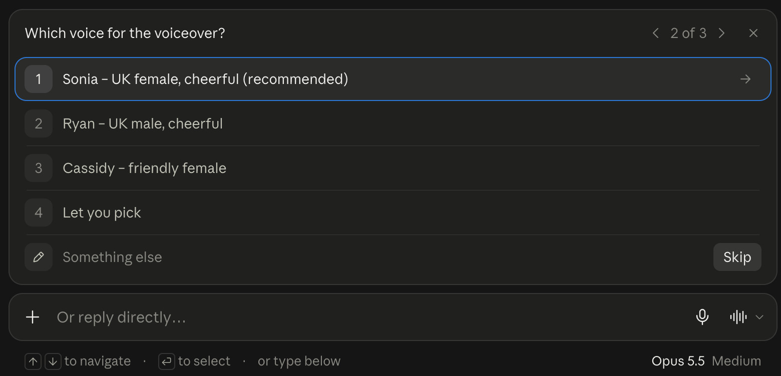 Claude asking which Fliki voice to use for the voiceover