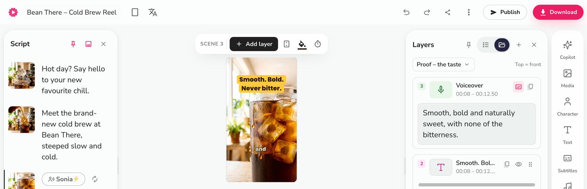 The finished Reel open in the Fliki editor with script and layers
