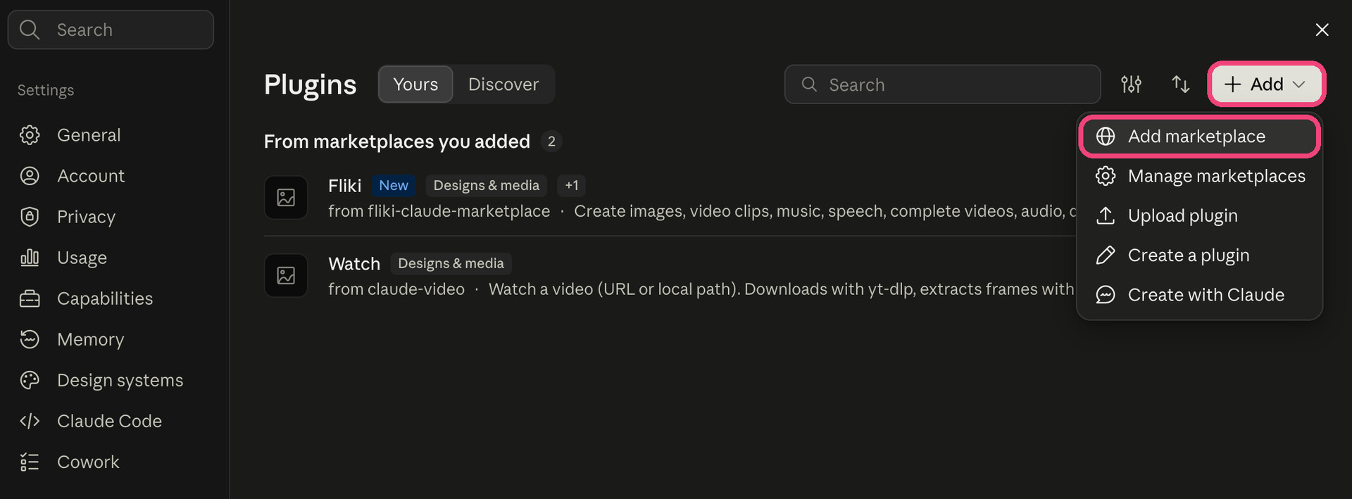 Claude Desktop Plugins settings with the Add menu open and Add marketplace highlighted