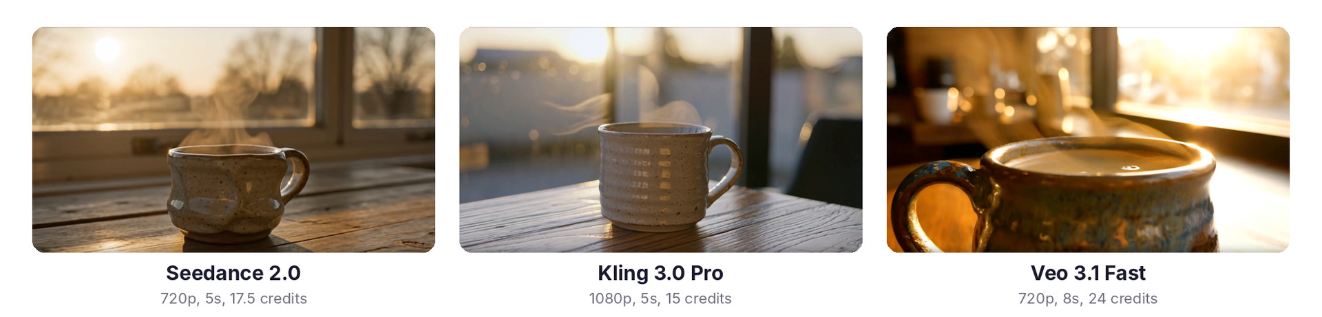 Frames from the same coffee mug prompt generated with Seedance 2.0, Kling 3.0 Pro and Veo 3.1 Fast in Fliki via Claude