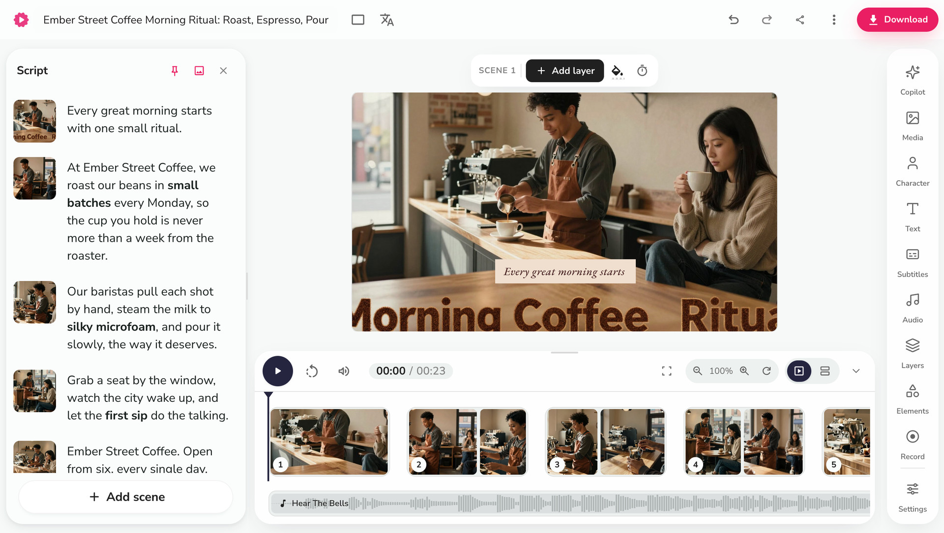 Narrated cafe promo created from Claude with Fliki MCP, open in the Fliki editor with script, scenes and music