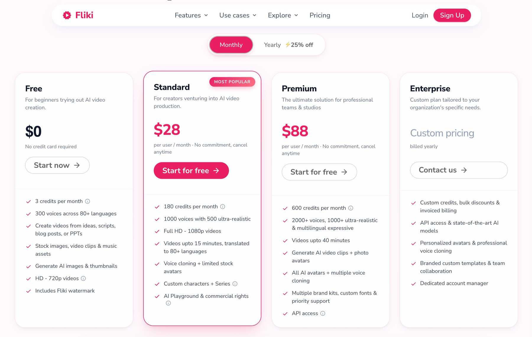 Fliki pricing page showing Free, Standard, Premium and Enterprise plans in USD