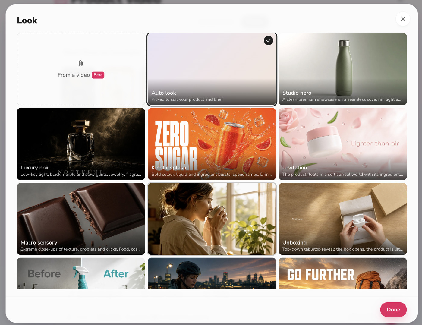 Fliki Promo Look picker with Studio hero, Luxury noir and Unboxing