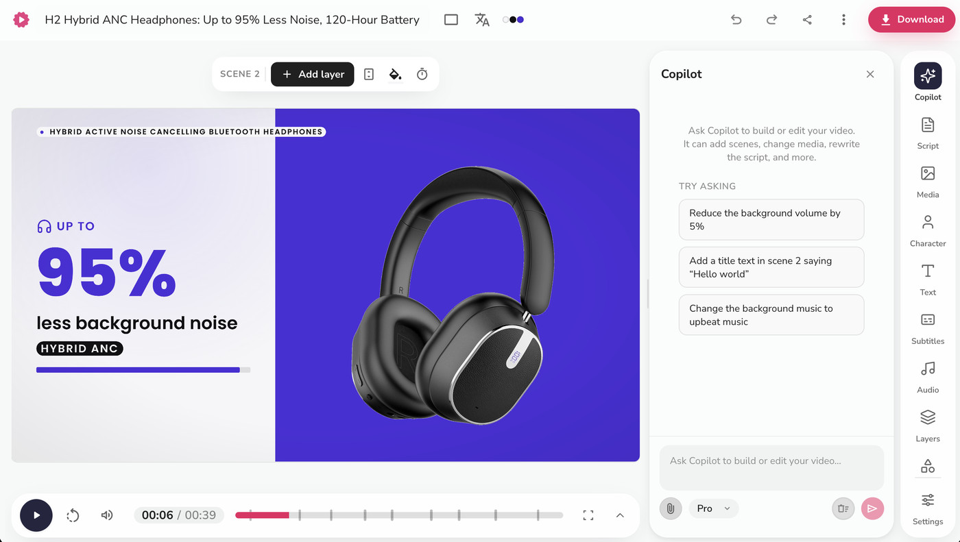 Generated headphone product video open in the Fliki editor
