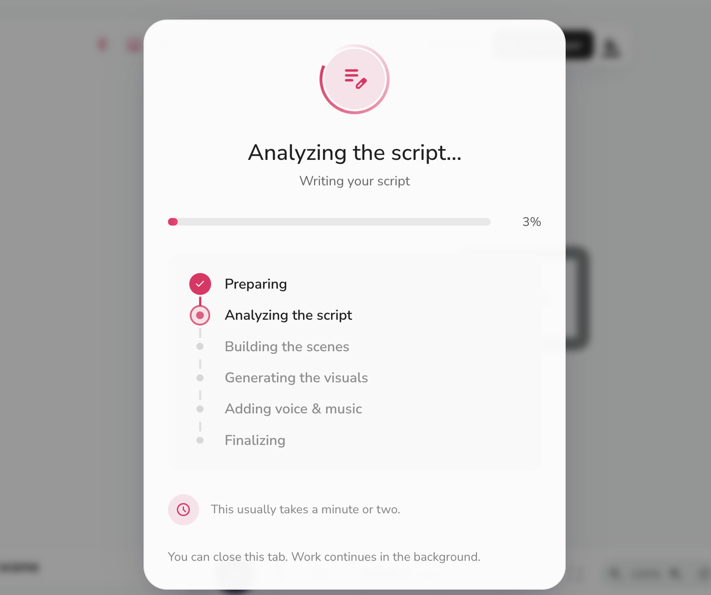 Fliki progress panel while the product video is generated