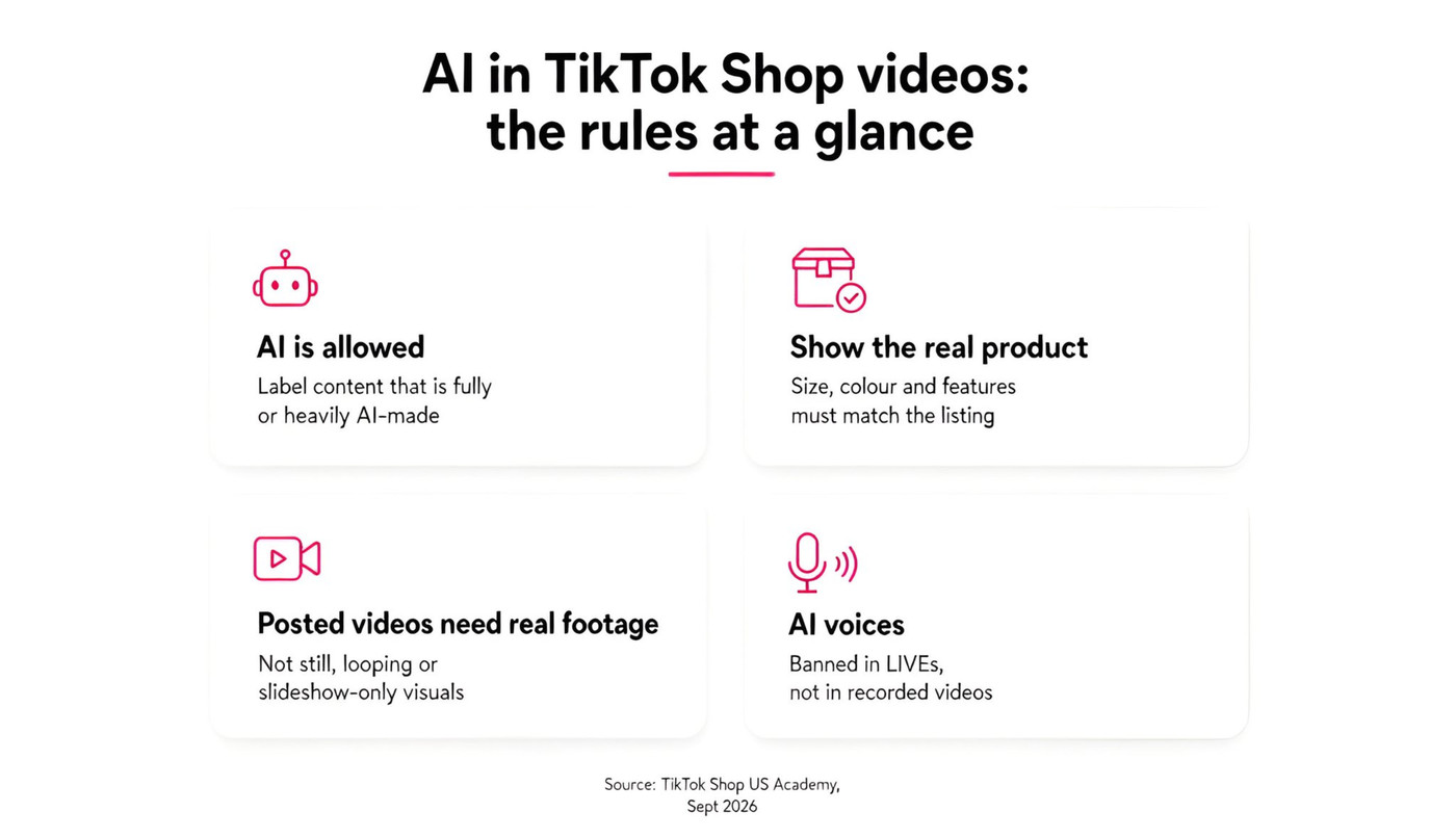 AI in TikTok Shop videos: the rules at a glance infographic