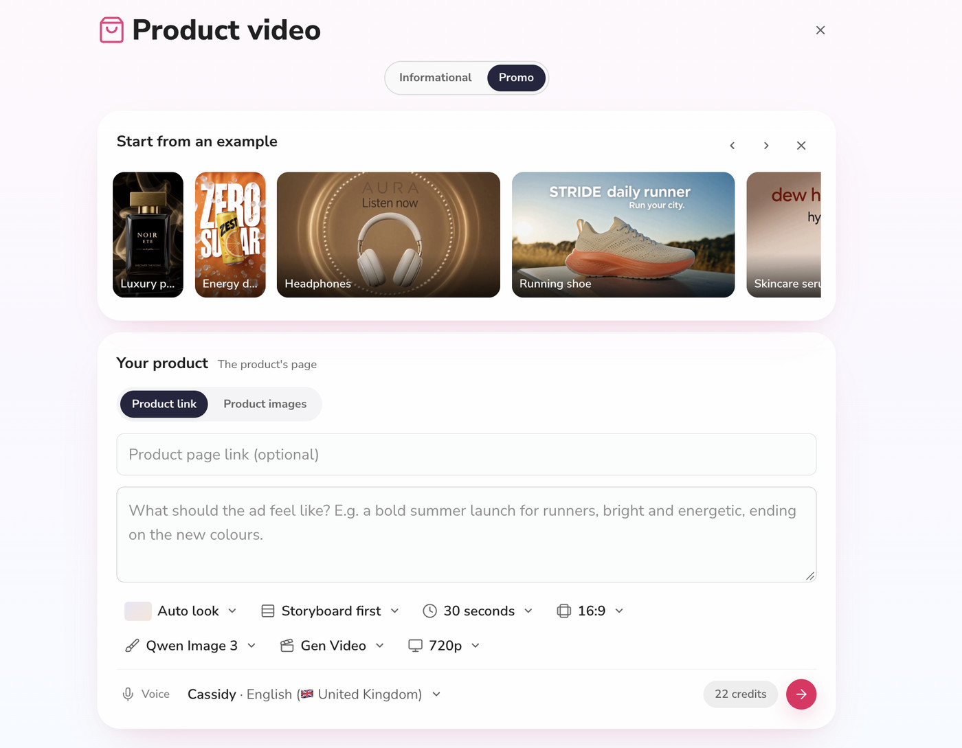 Fliki Product video Promo tab with brief, storyboard and credits