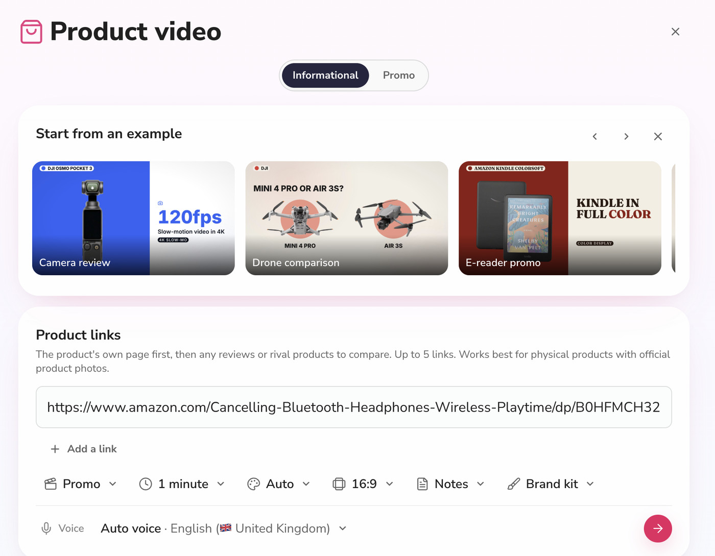 Fliki Product video form with a product link, type, duration and voice