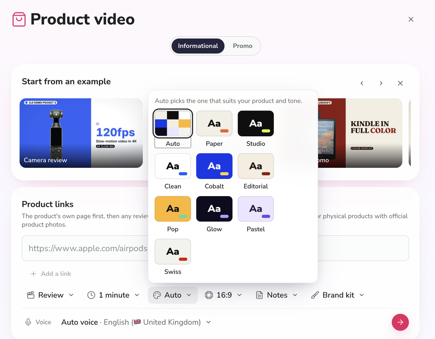 Fliki Product video style picker with ten looks