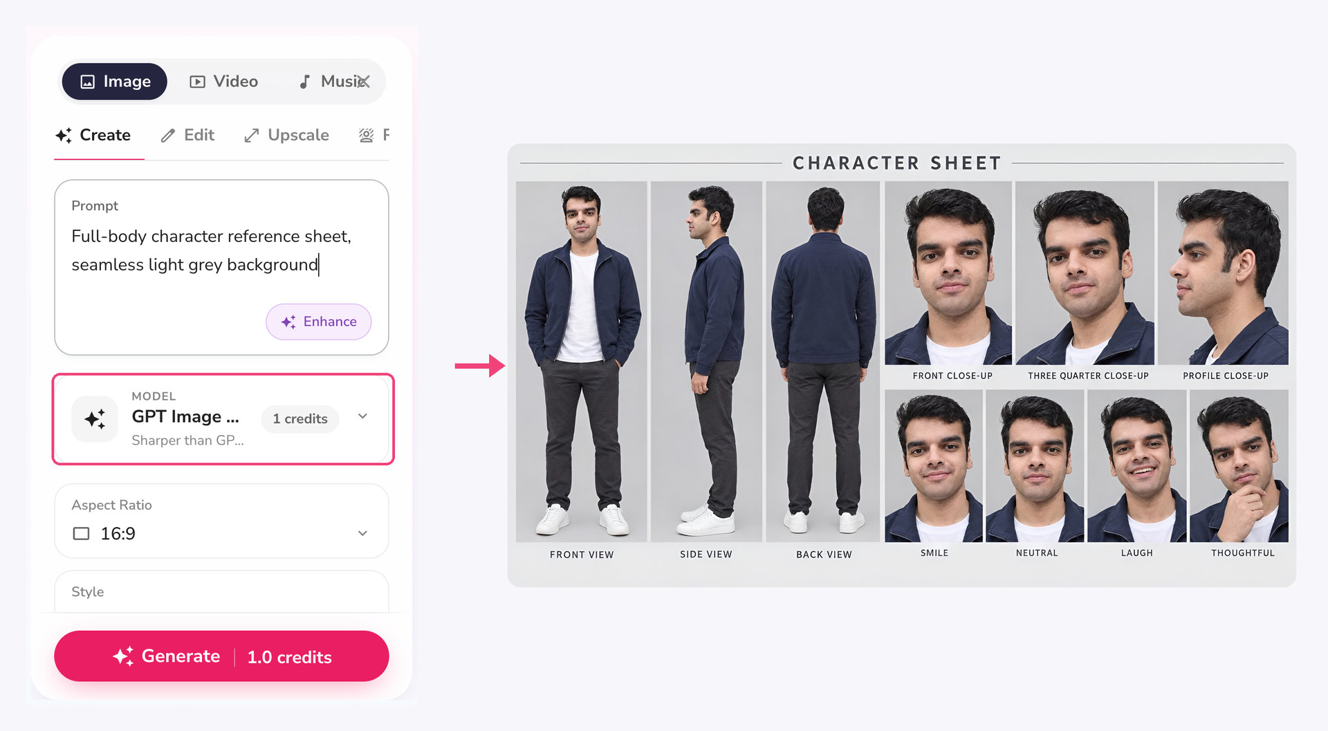 character sheet prompt in the fliki playground image tab with gpt image 2.5 and the resulting character reference sheet