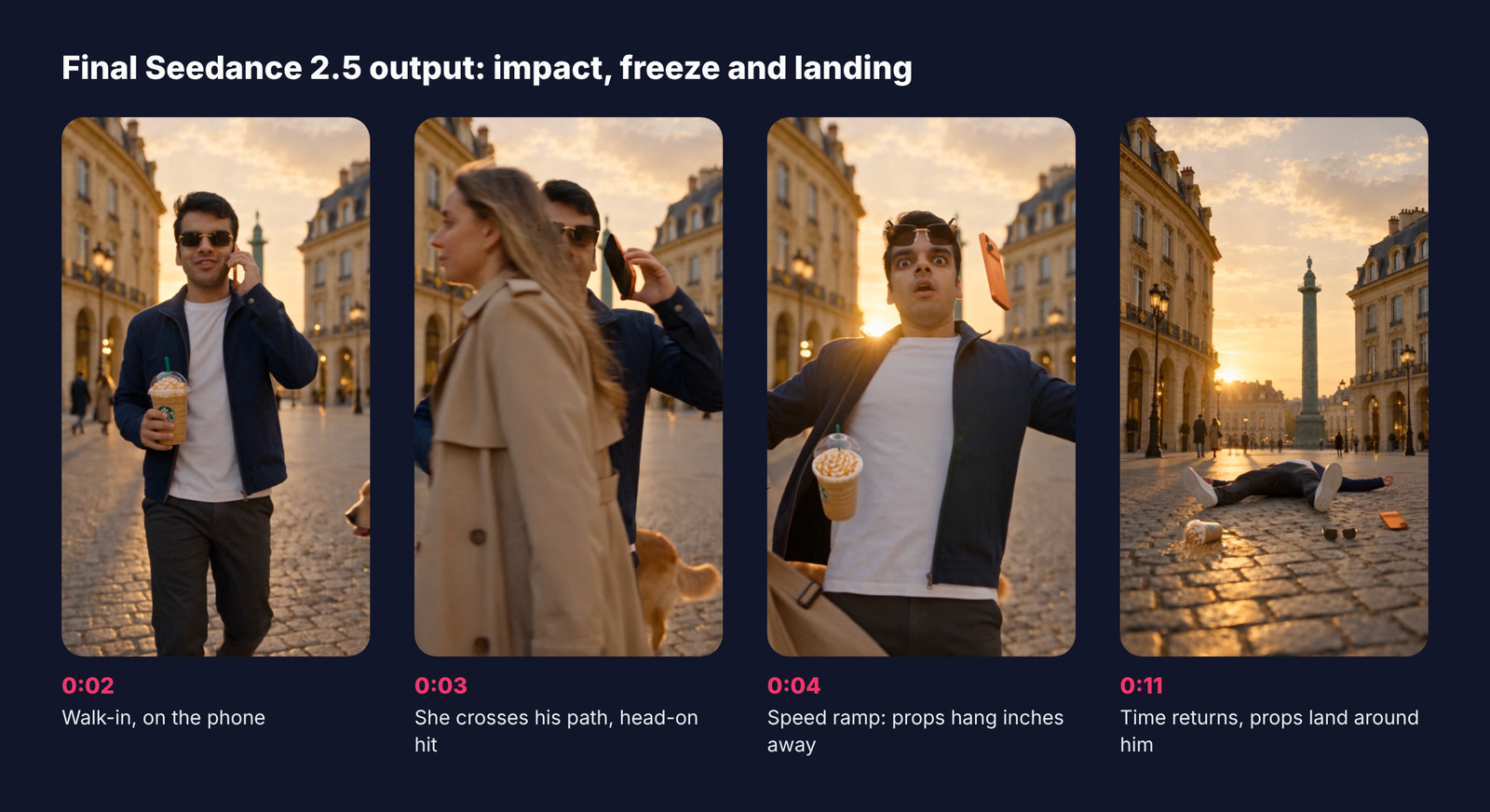 seedance 2.5 bullet time effect: walk-in, head-on collision, speed ramp freeze and landing