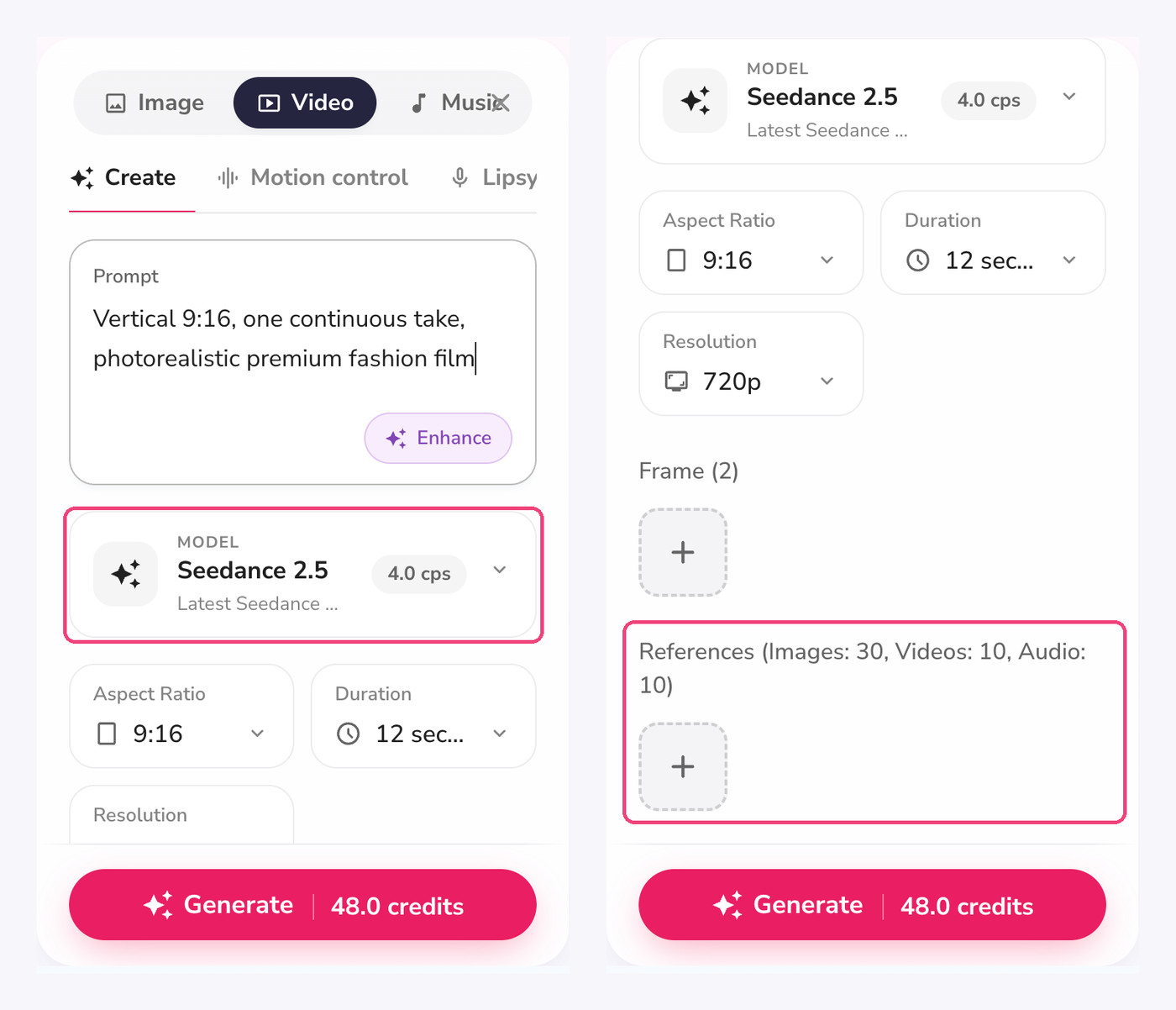 fliki playground video tab with seedance 2.5 model, 9:16, 12 seconds, 720p and the references upload