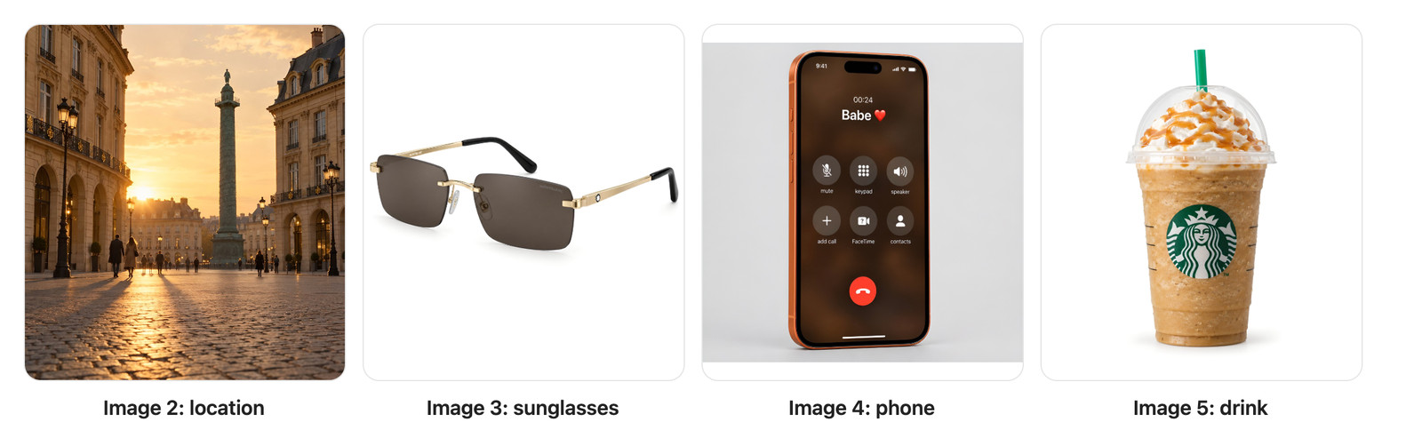 seedance 2.5 bullet time reference images: golden hour paris square, montblanc sunglasses, iphone 17 pro call screen and starbucks caramel frappuccino