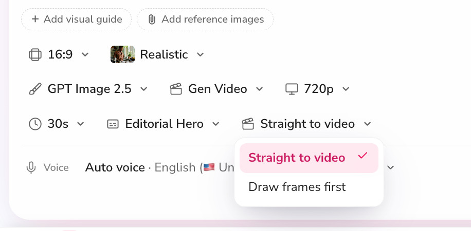Generation mode menu in Fliki: Straight to video or Draw frames first