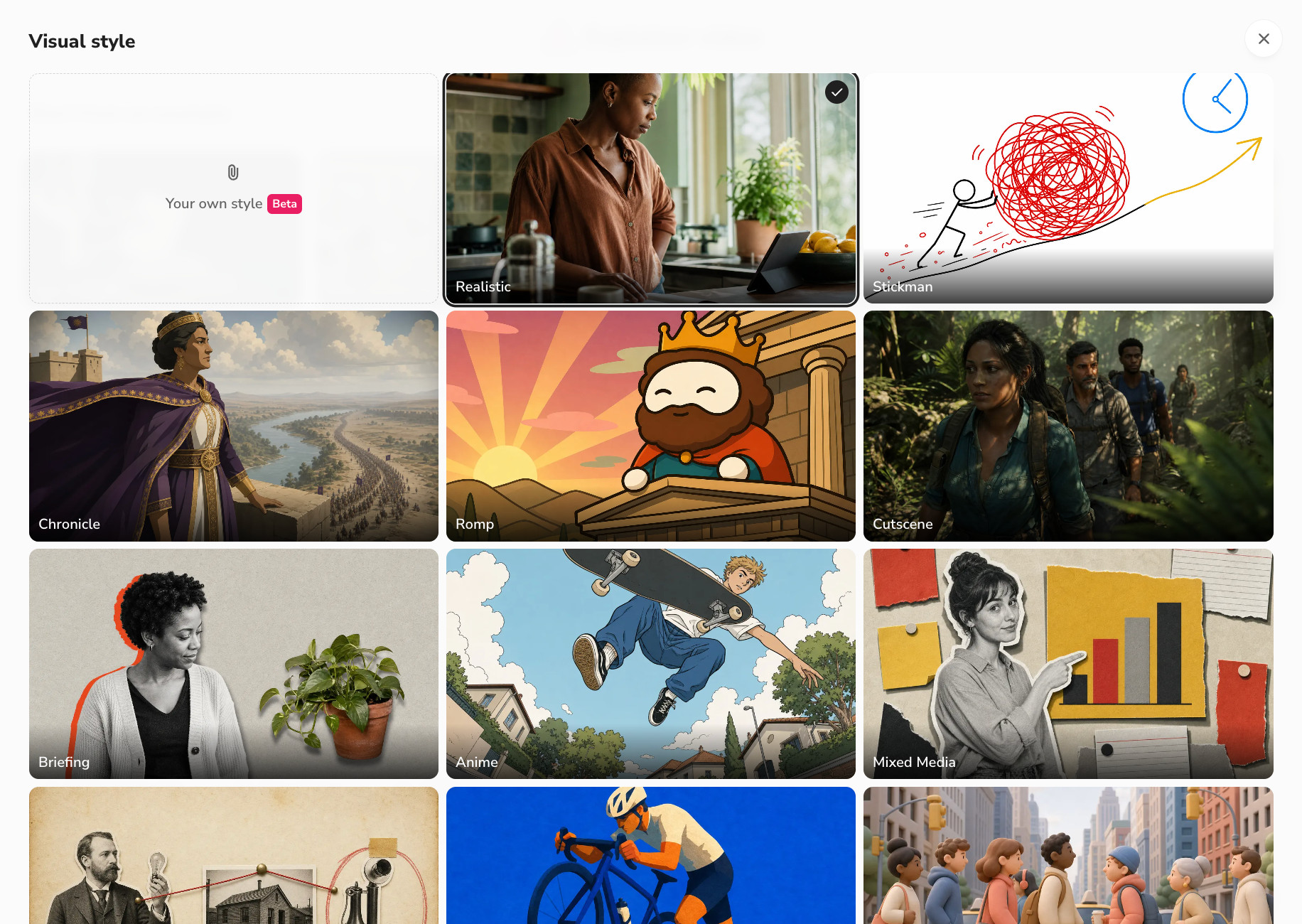 Visual style gallery in Fliki Explainer workflow with Your own style, Realistic, Stickman, Chronicle and more
