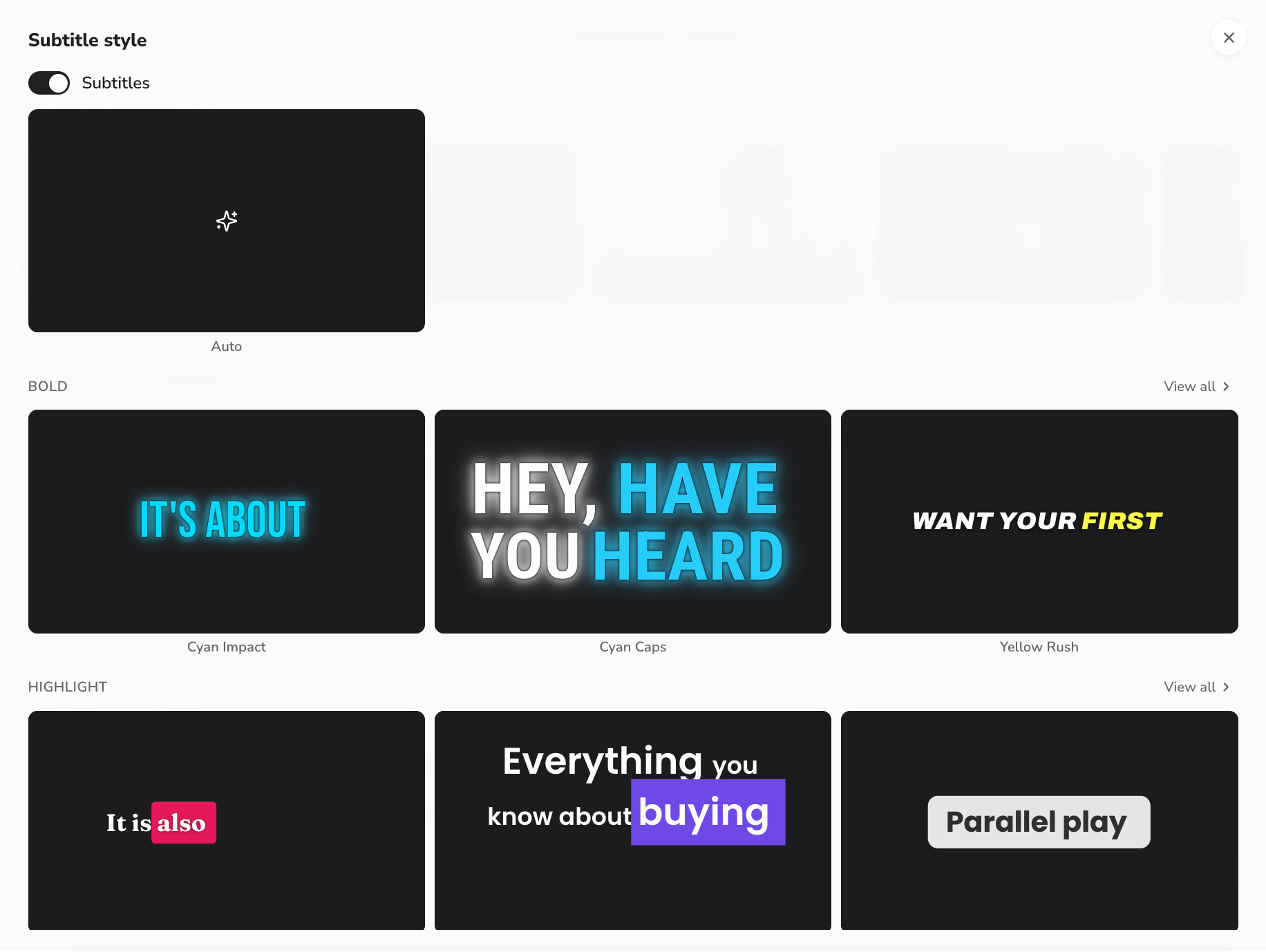 Subtitle style picker in Fliki with Auto, Bold and Highlight caption styles