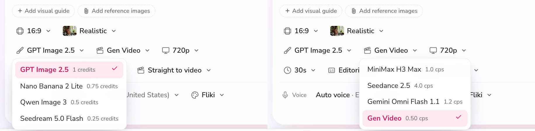 Image model and video model menus in Fliki Explainer workflow with credit costs
