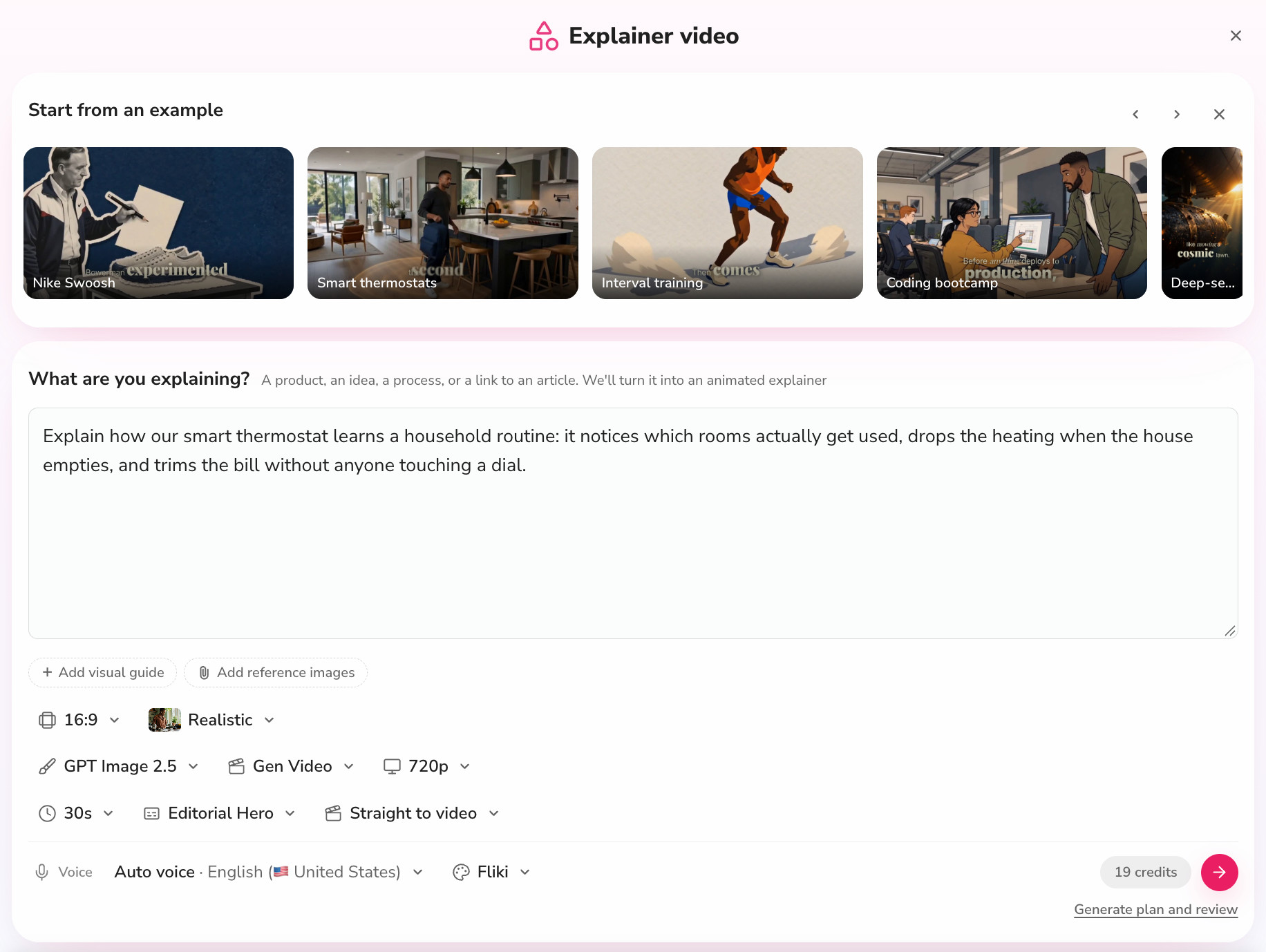 Explainer video workflow in Fliki with example carousel, brief box and setting chips