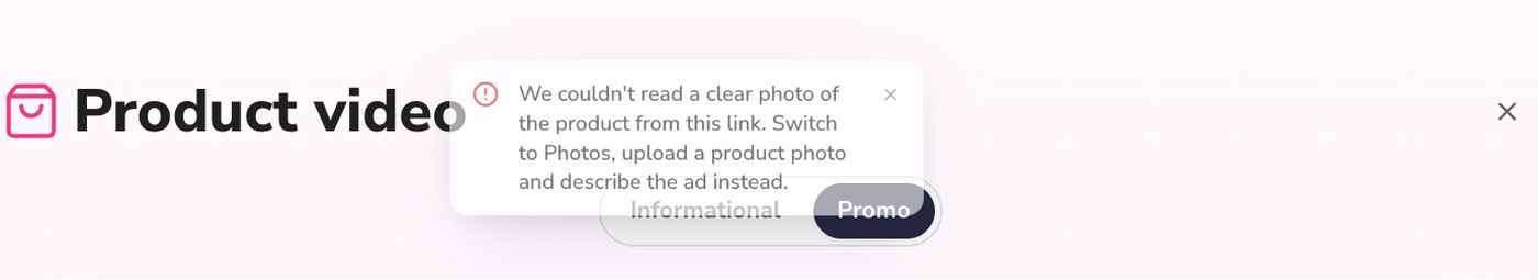 Fliki Product video workflow message saying it could not read a clear photo from the Amazon link