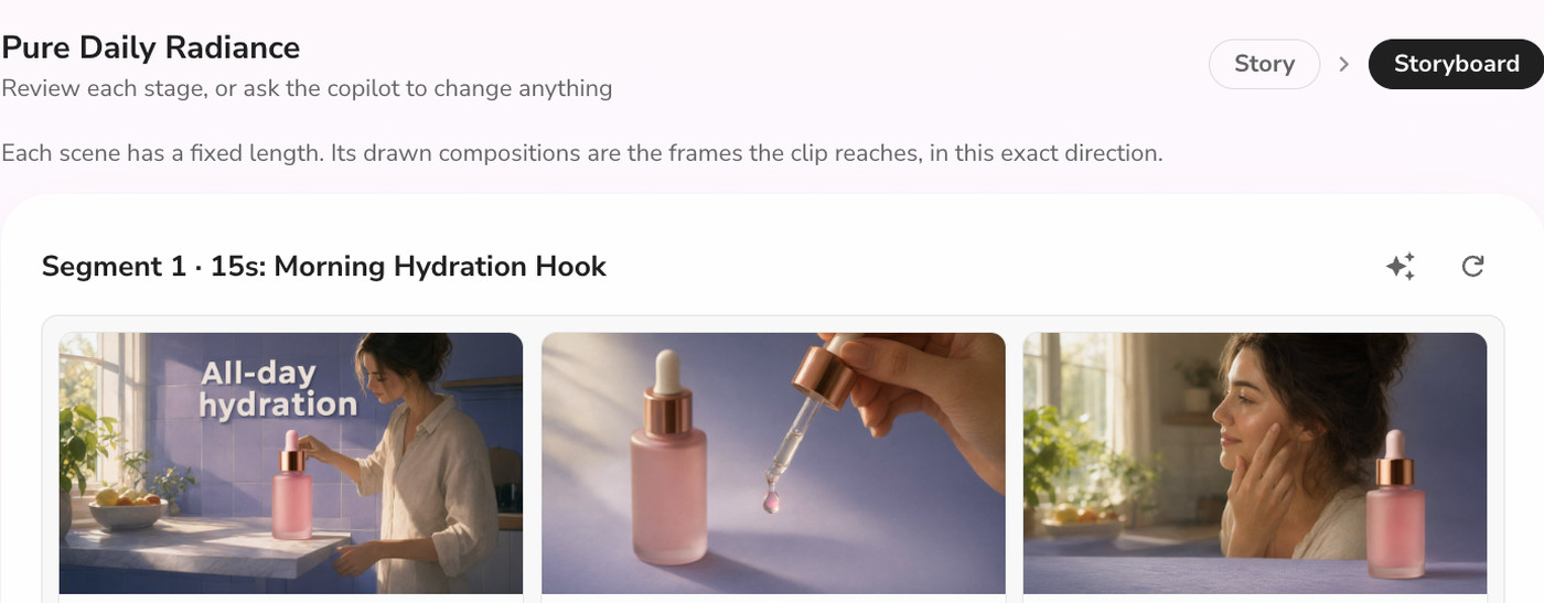 Fliki storyboard stage showing three frames for the first 15 second segment of a product ad