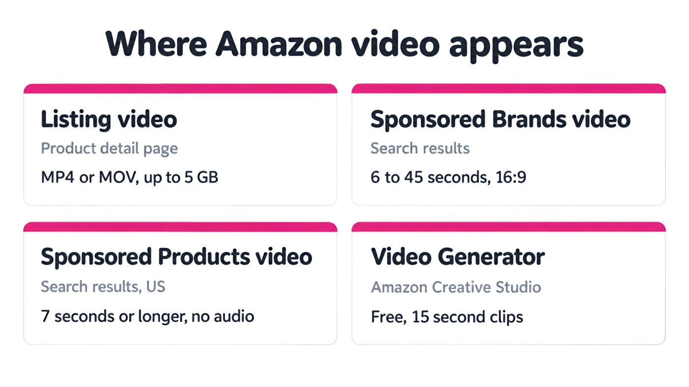 Cards showing the four places Amazon video appears: listing video, Sponsored Brands video, Sponsored Products video and Amazon Video Generator