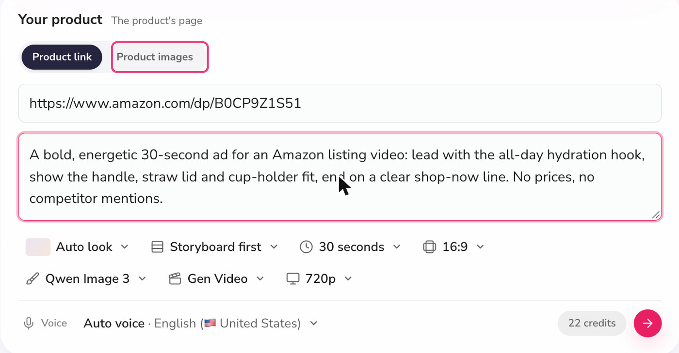 Fliki Product video promo form with the Product images tab highlighted and a brief for an Amazon listing video