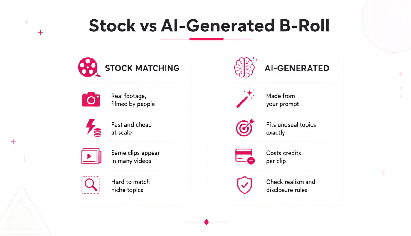 Comparison of stock matching versus AI-generated b-roll, covering realism, cost, sameness and disclosure