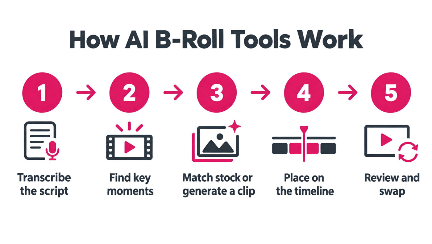 Five-step process of how AI b-roll tools work: transcribe the script, find key moments, match stock or generate a clip, place on the timeline, review and swap