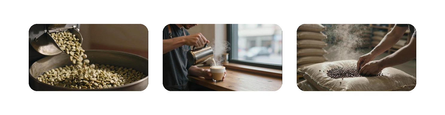 Three AI-generated b-roll frames from Z Image Turbo in Fliki: coffee beans in a roaster, a barista pouring a latte, and hands on sacks of coffee beans