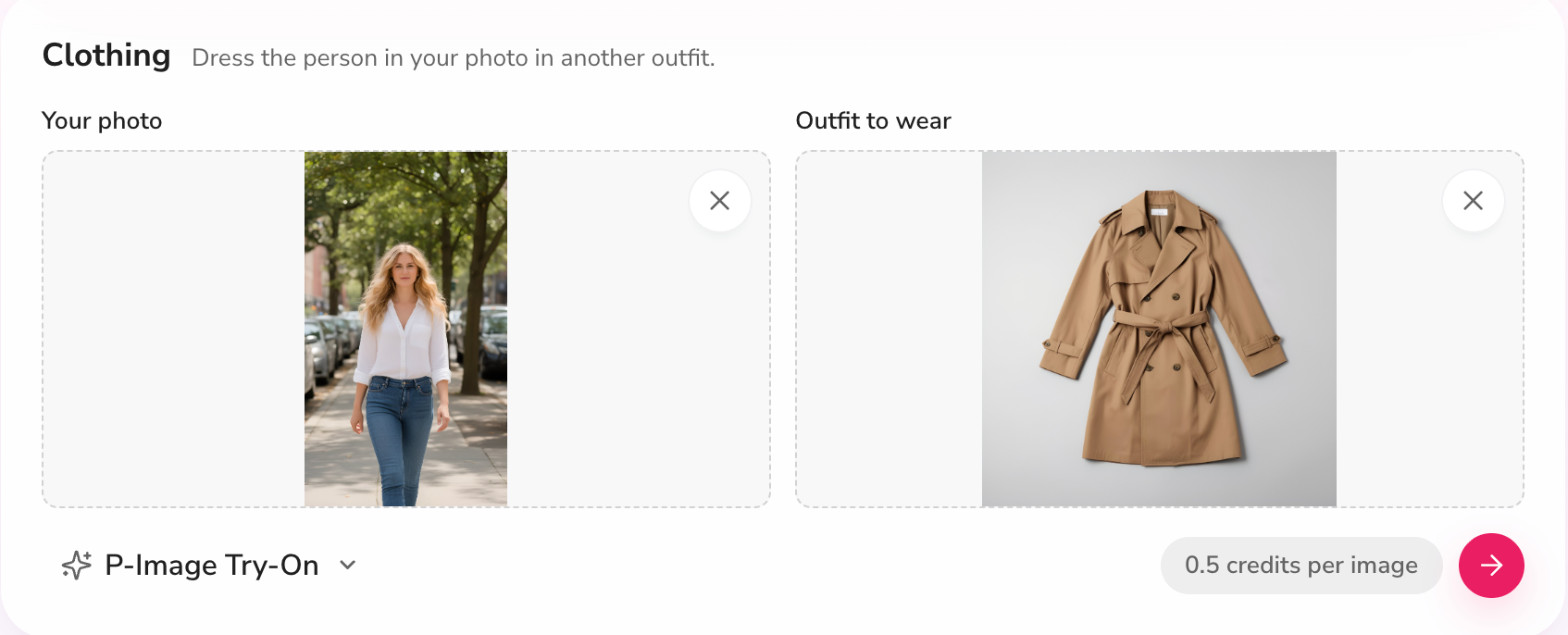 Fliki Clothing card with a street photo and a flat-lay trench coat photo