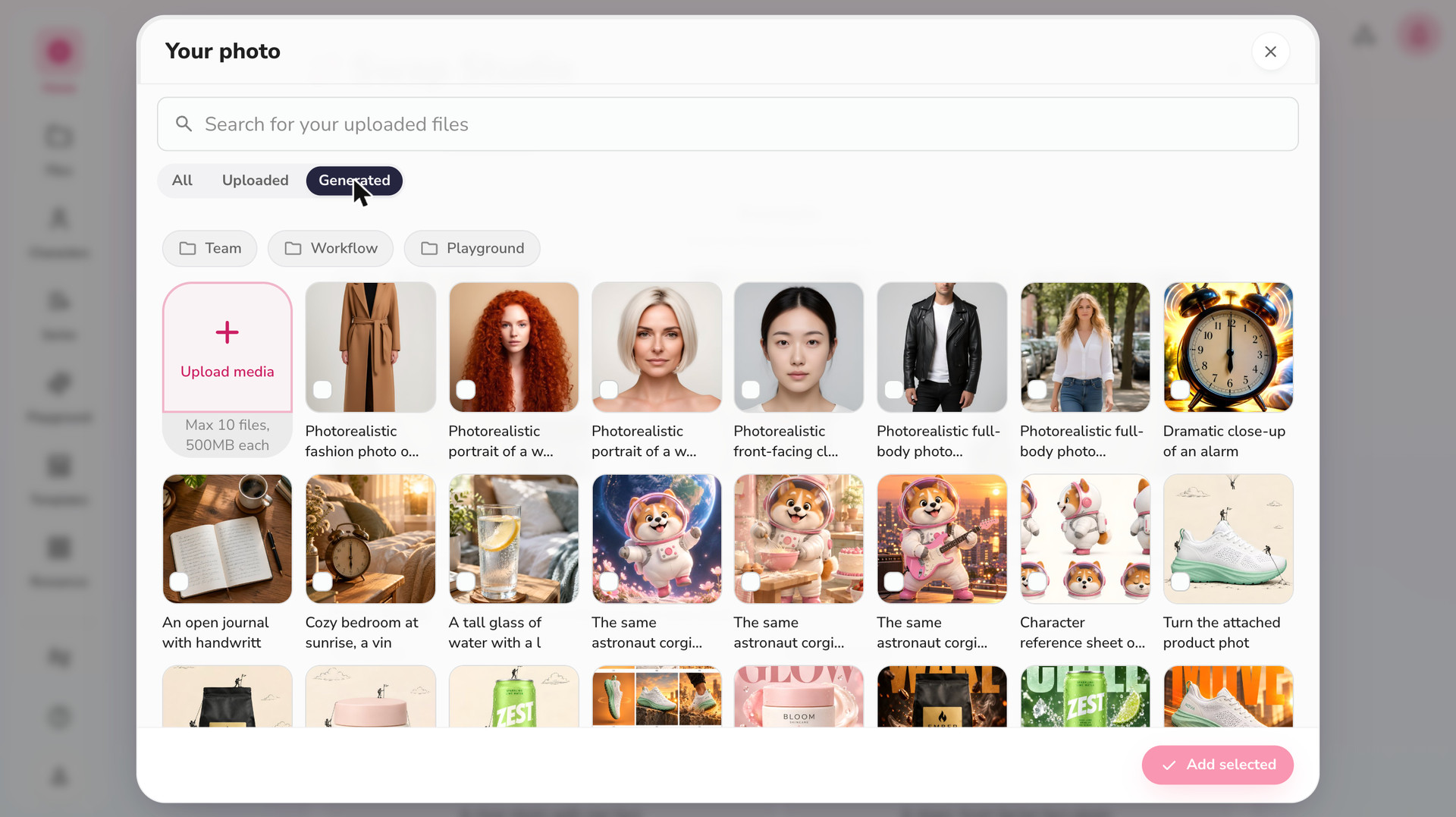 Fliki Swap Studio asset picker with search, Uploaded and Generated filters