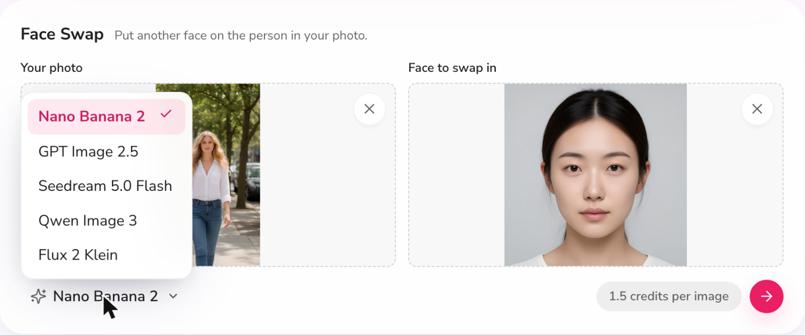 Face Swap model menu in Fliki listing Nano Banana 2, GPT Image 2.5, Seedream 5.0 Flash, Qwen Image 3 and Flux 2 Klein