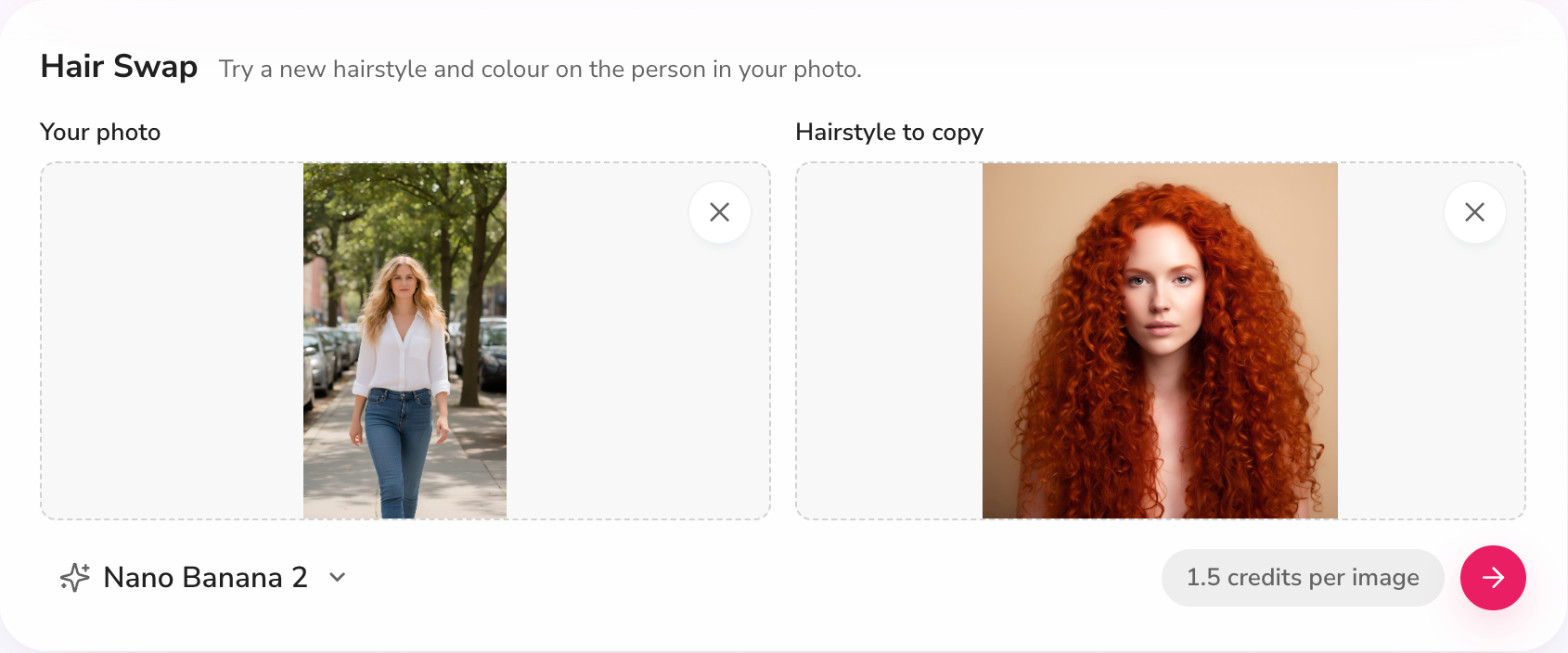 Fliki Hair Swap card with a street photo and a curly copper-red hairstyle reference