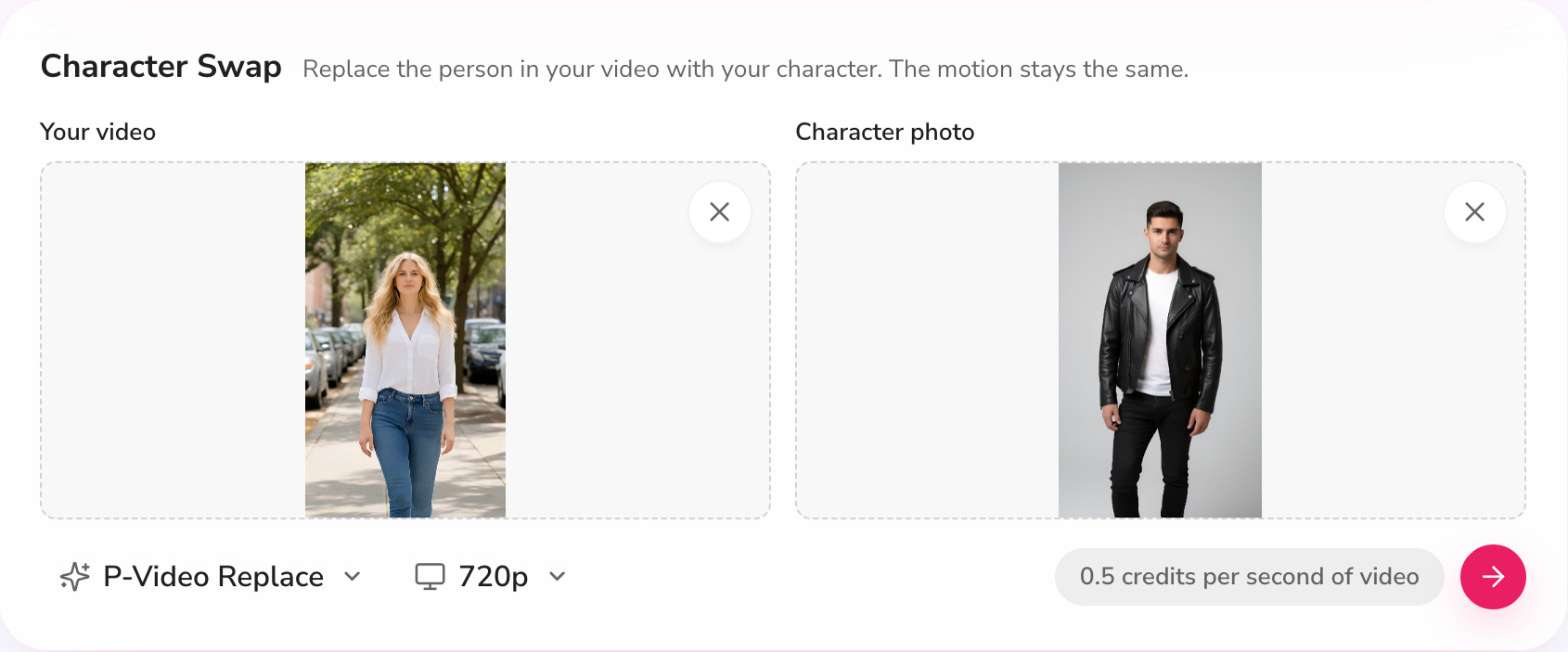 Fliki Character Swap card with a walking clip and a leather jacket character photo