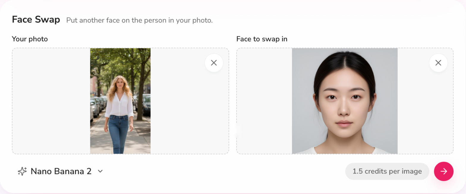 Fliki Face Swap card with a street photo and a front-facing face photo loaded