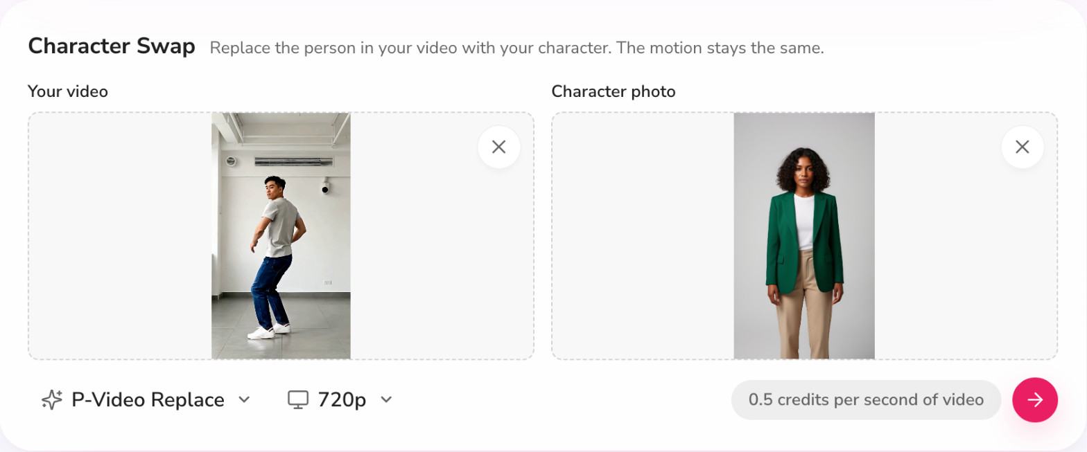 Fliki Character Swap card with a dancing clip and a green blazer character photo