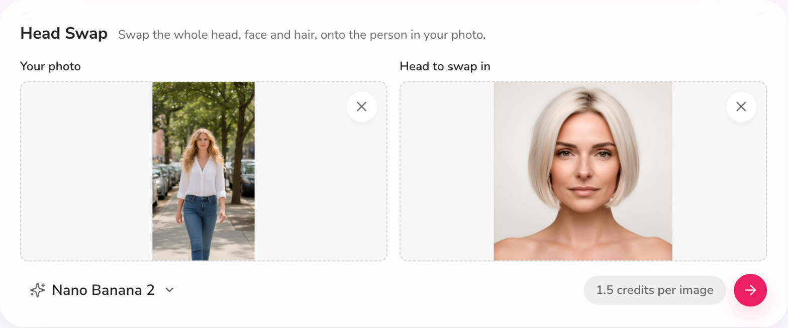 Fliki Head Swap card with a street photo and a platinum bob portrait loaded