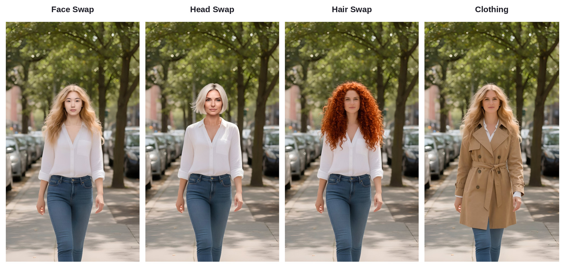 Face Swap, Head Swap, Hair Swap and Clothing results on the same street photo
