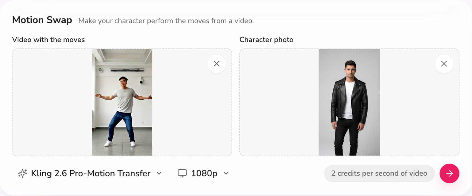 Fliki Motion Swap card with a dance clip and a leather jacket character photo